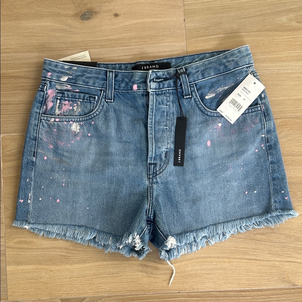 J Brand Distressed Blue Jean Shorts with Pink Splatter
